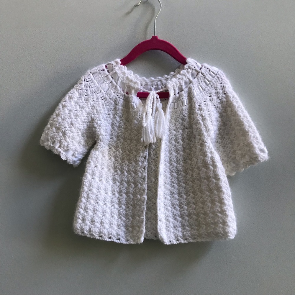Handmade, Hand Crocheted White Baby Cardigan.